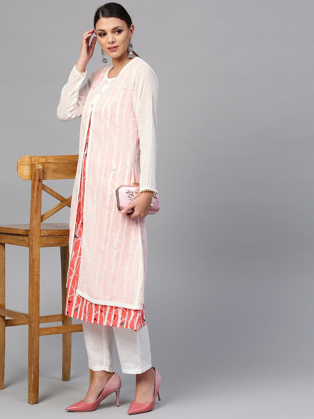 Women's The Dressify White striped Kurta with Muslin Jacket