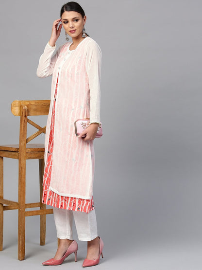Women's The Dressify White striped Kurta with Muslin Jacket