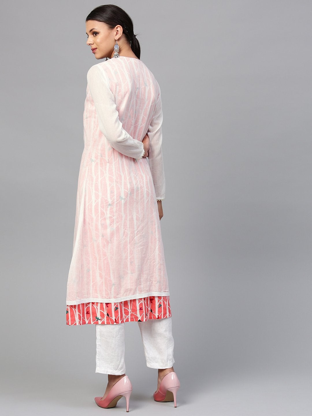 Women's The Dressify White striped Kurta with Muslin Jacket