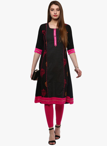 Women's Black Printed A-Line Rayon And Cotton Kurta