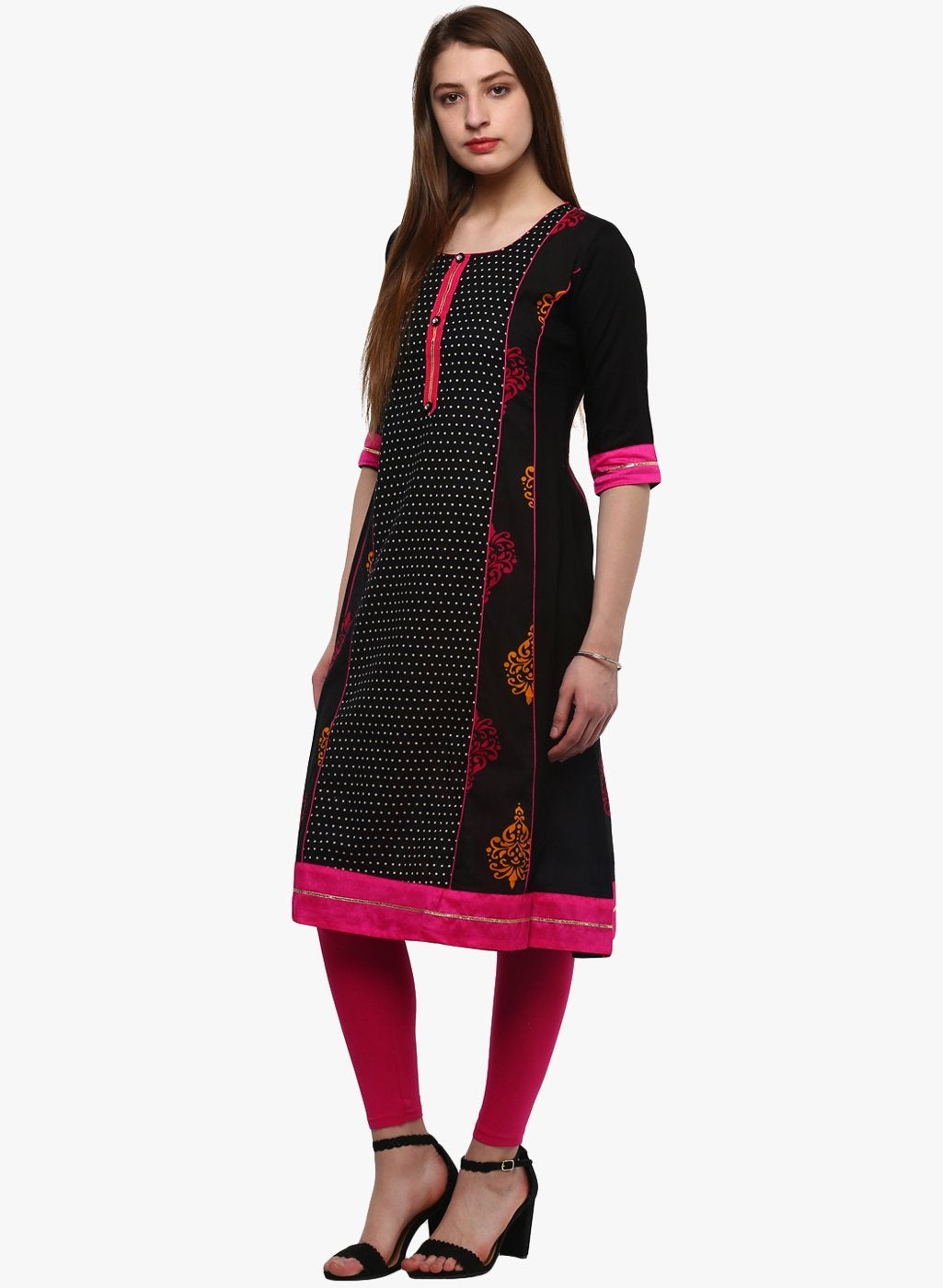 Women's Black Printed A-Line Rayon And Cotton Kurta