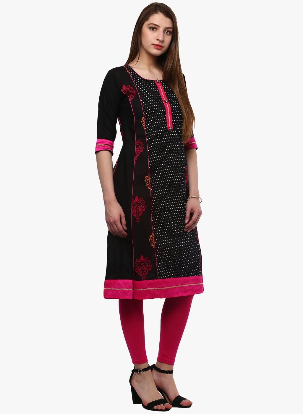 Women's Black Printed A-Line Rayon And Cotton Kurta