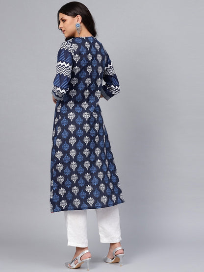 Women's Blue Cotton & Rayon A-line Kurti