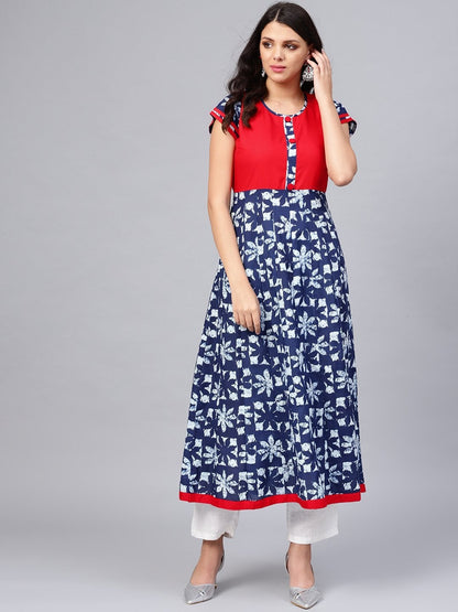 Women's Indigo Blue Printed Cotton Anarkali