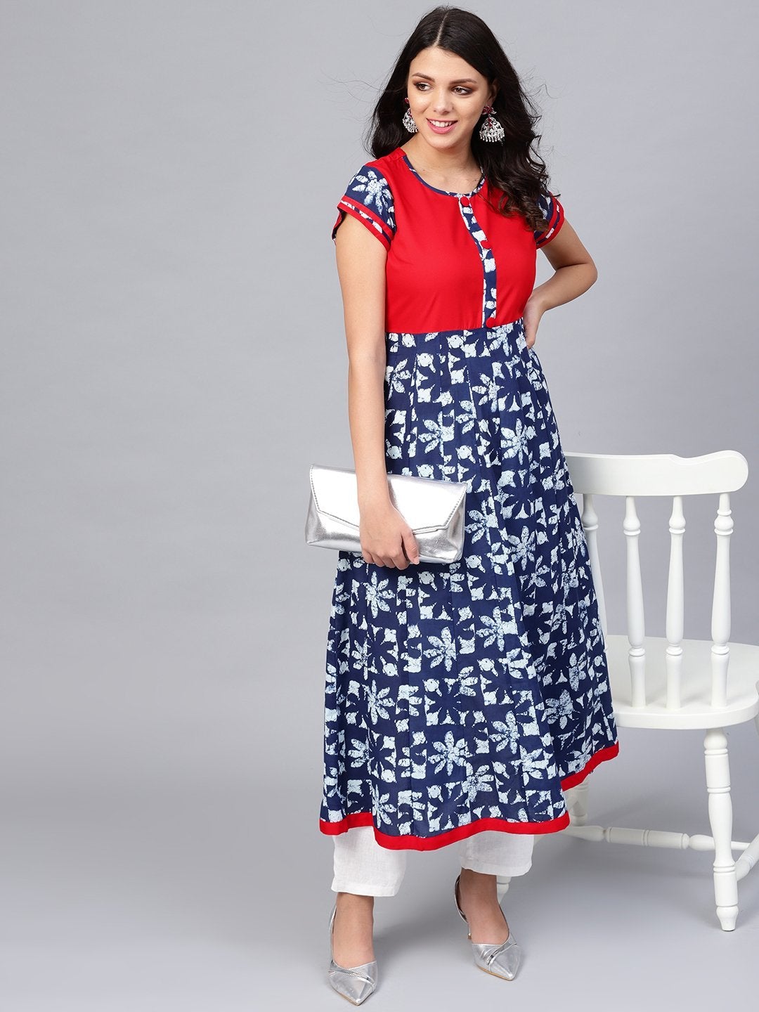 Women's Indigo Blue Printed Cotton Anarkali