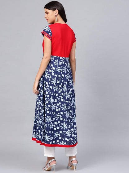 Women's Indigo Blue Printed Cotton Anarkali