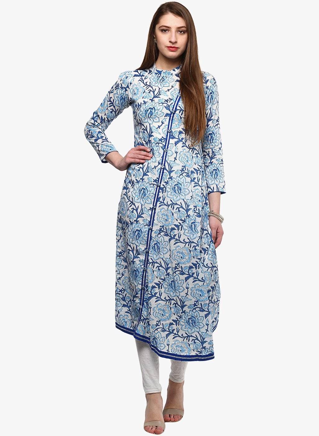 Women's Hand Block Blue And White Printed Angrakha Anarkali