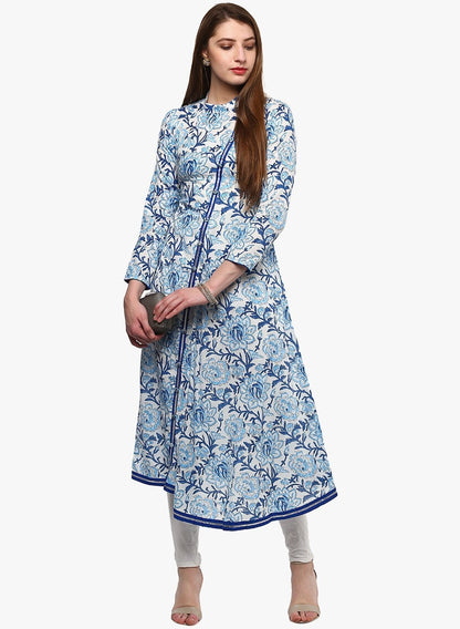 Women's Hand Block Blue And White Printed Angrakha Anarkali