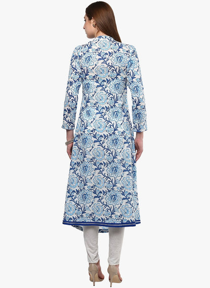 Women's Hand Block Blue And White Printed Angrakha Anarkali