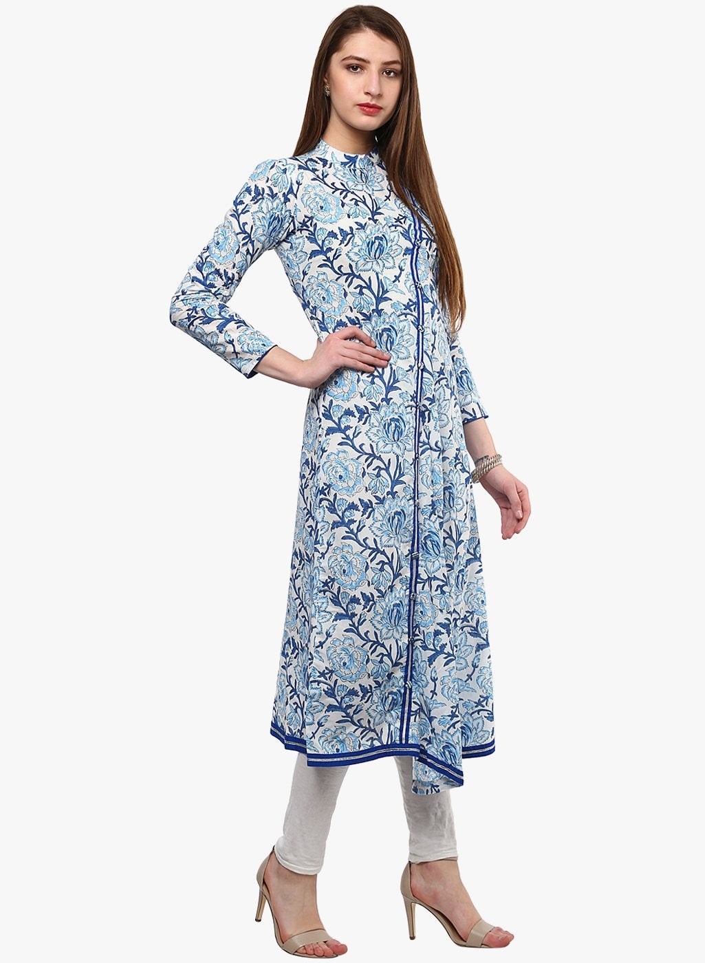 Women's Hand Block Blue And White Printed Angrakha Anarkali