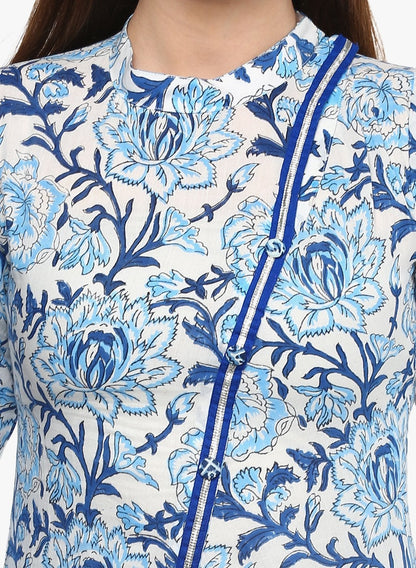 Women's Hand Block Blue And White Printed Angrakha Anarkali