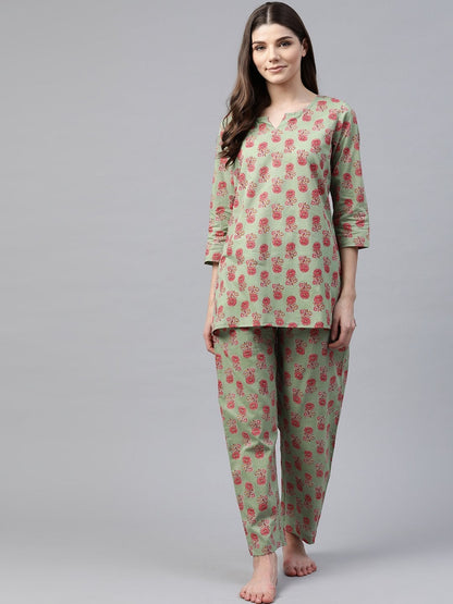 Women's Green Printed Loungewear /Nightwear
