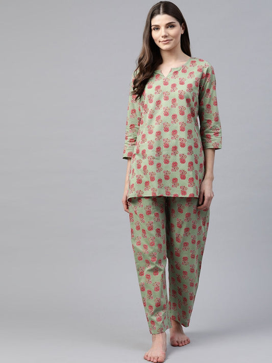 Women's Green Printed Loungewear /Nightwear