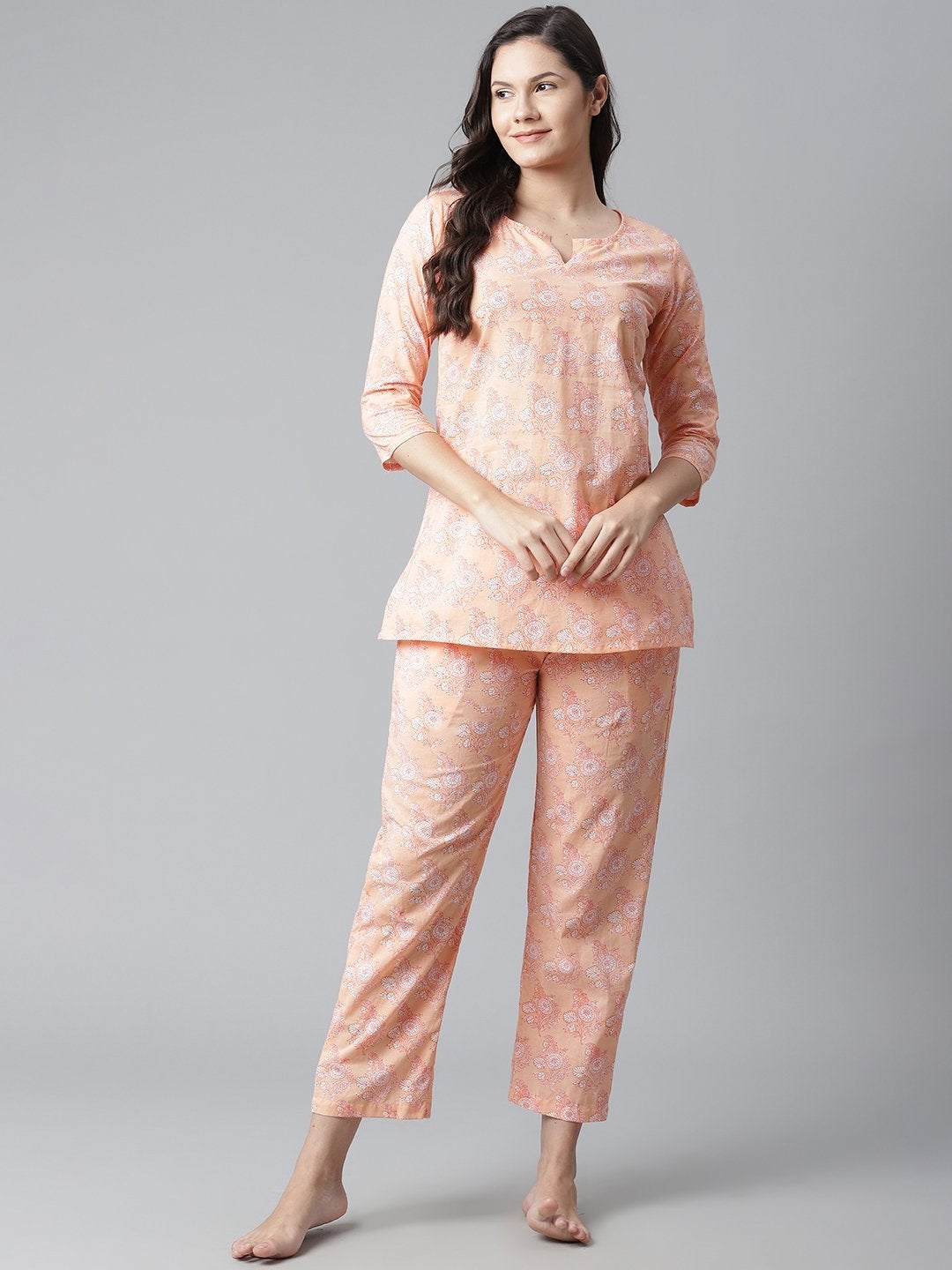 Women's Peach Printed Cotton Nightwear
