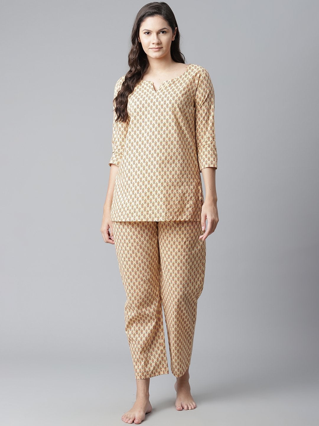 Women's The Dressify Yellow Buti Print Cotton Nightwear
