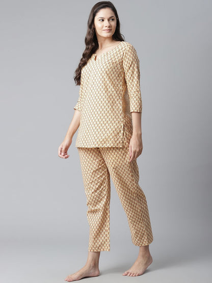 Women's The Dressify Yellow Buti Print Cotton Nightwear