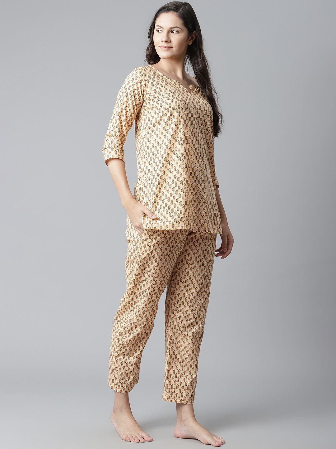 Women's The Dressify Yellow Buti Print Cotton Nightwear