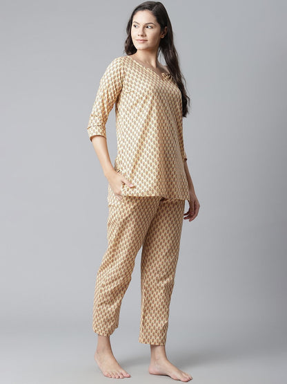 Women's The Dressify Yellow Buti Print Cotton Nightwear