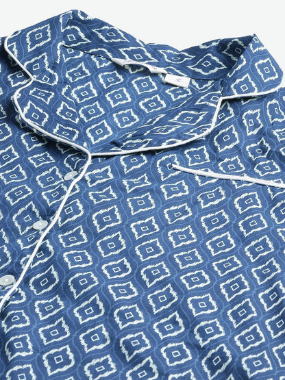 Women's Indigo Printed Cotton Nightsuit