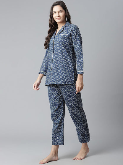 Women's Indigo Printed Cotton Nightsuit