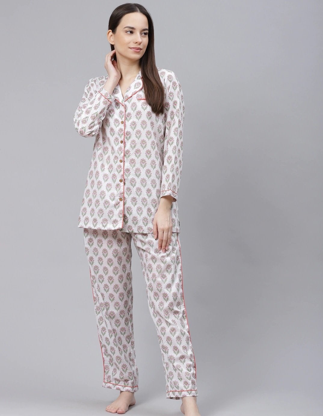 Women's The Dressify White Printed Cotton Night Suit