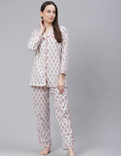 Women's The Dressify White Printed Cotton Night Suit