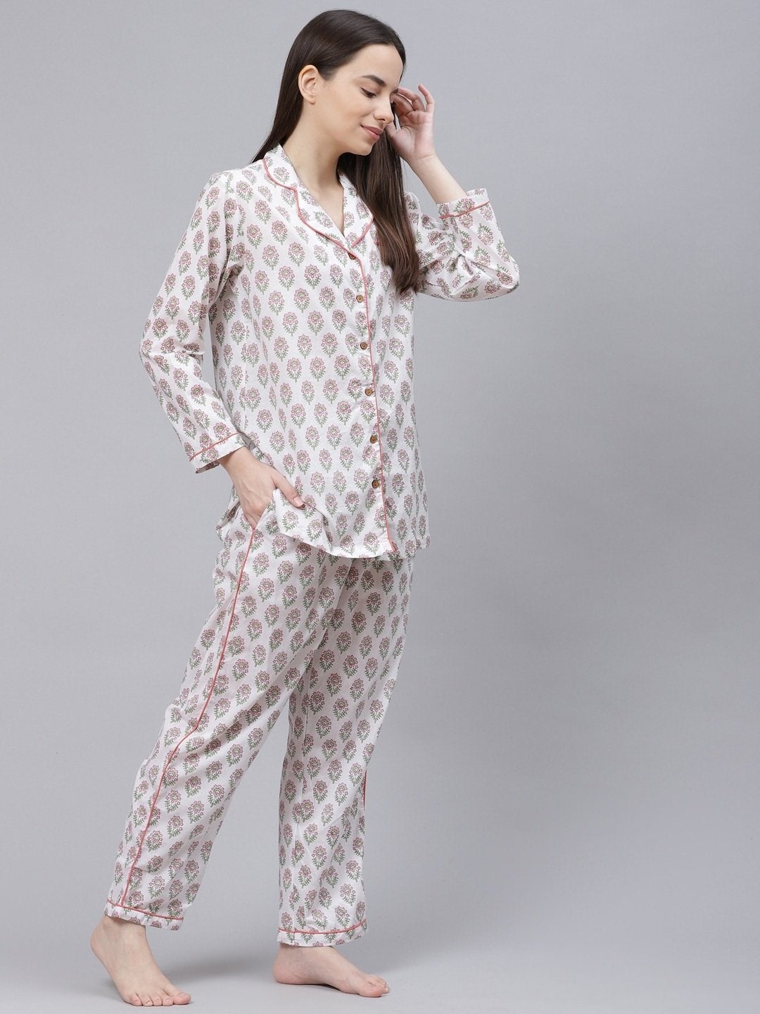 Women's The Dressify White Printed Cotton Night Suit