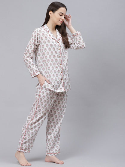 Women's The Dressify White Printed Cotton Night Suit