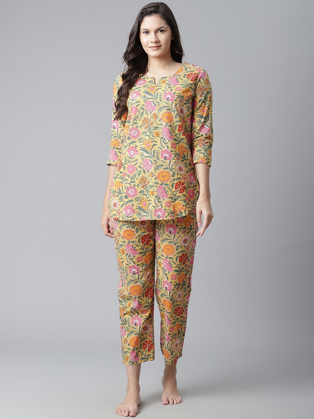 Women's The Dressify Yellow Printed Cotton Night Wear