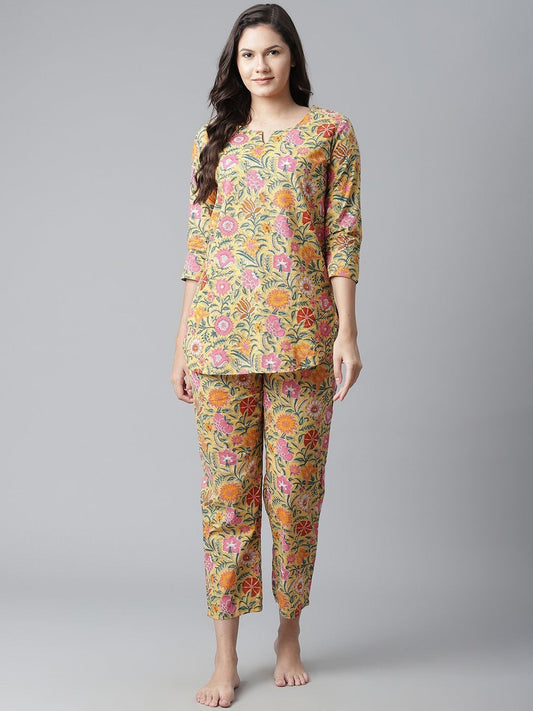 Women's The Dressify Yellow Printed Cotton Night Wear