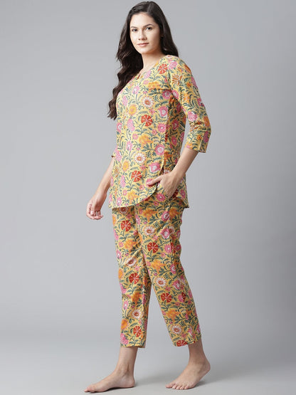 Women's The Dressify Yellow Printed Cotton Night Wear