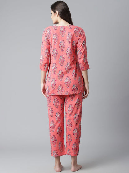 Women's Peach Cotton Printed Nightsuit