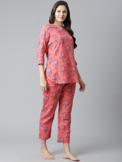 Women's Peach Cotton Printed Nightsuit
