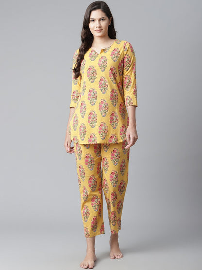 Women's The Dressify Yellow Flower Cotton Motif Nightwear