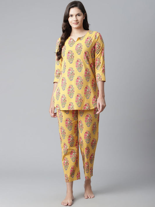 Women's The Dressify Yellow Flower Cotton Motif Nightwear