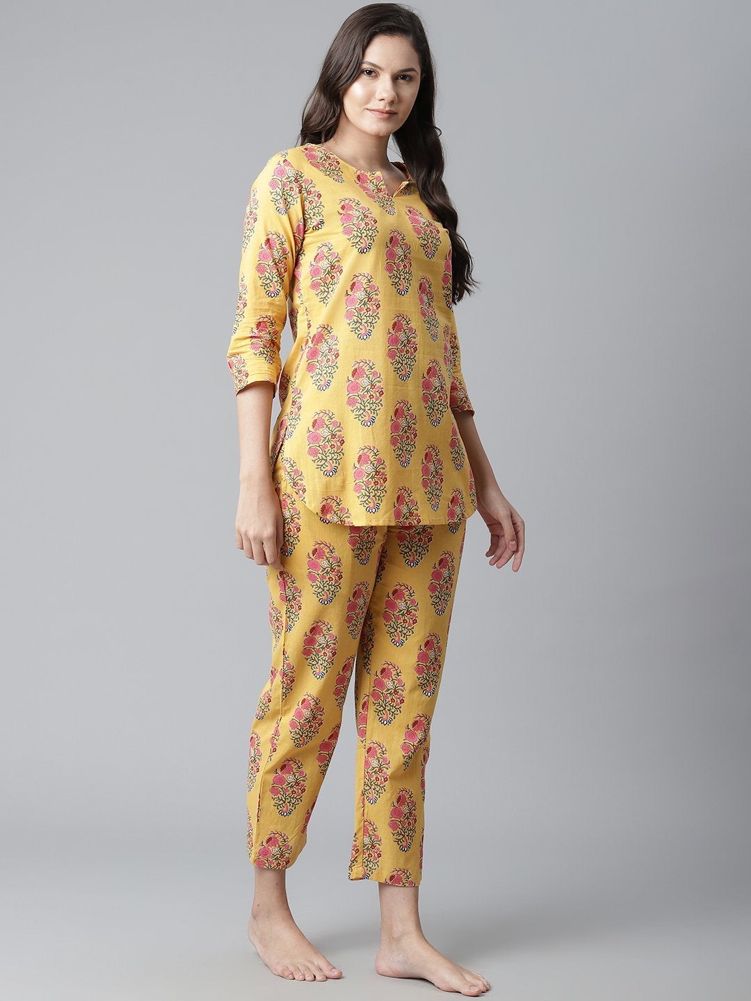 Women's The Dressify Yellow Flower Cotton Motif Nightwear