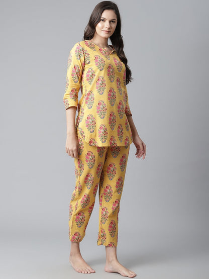 Women's The Dressify Yellow Flower Cotton Motif Nightwear