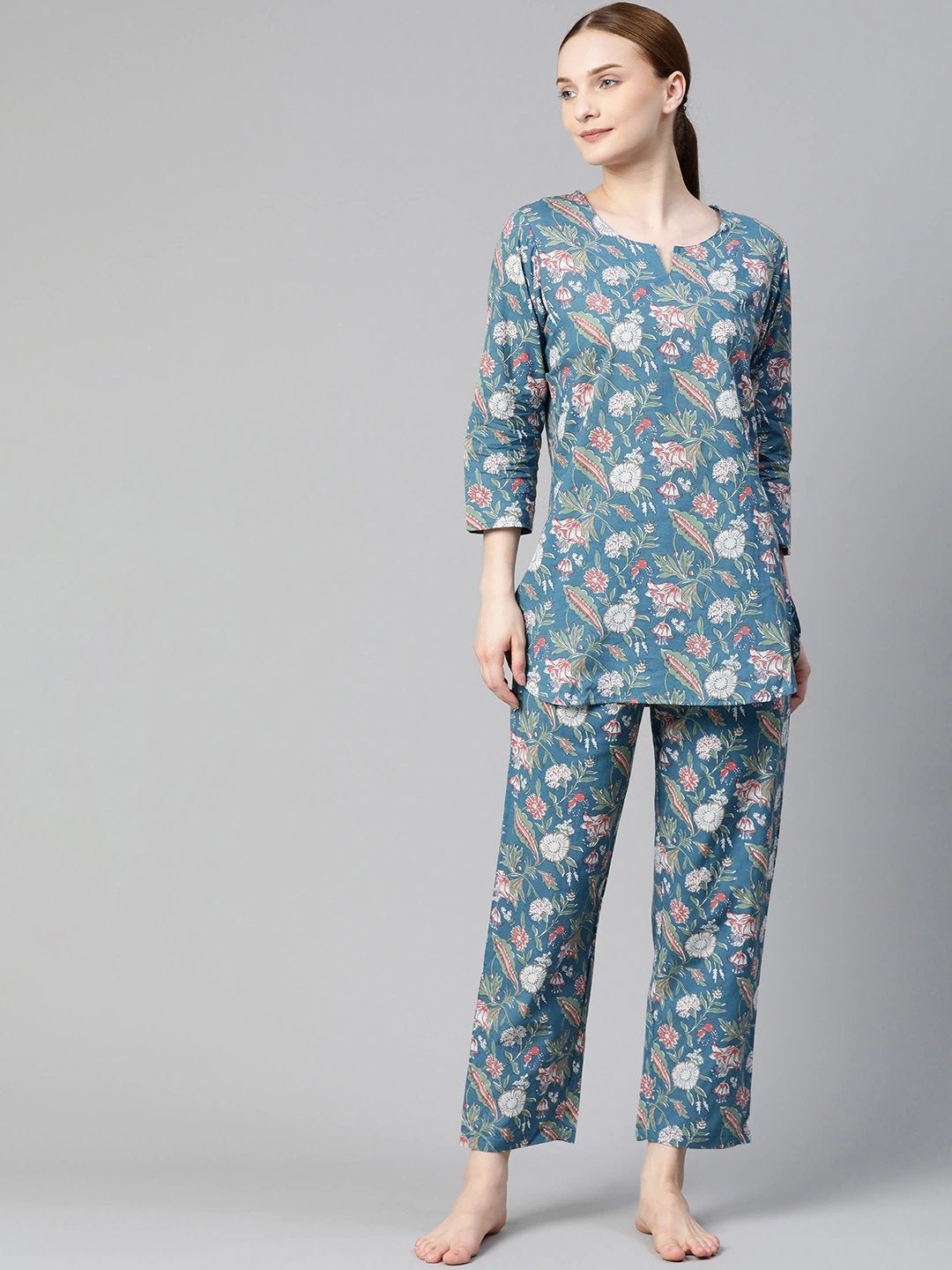 Women's Blue Printed Cotton Nightwear