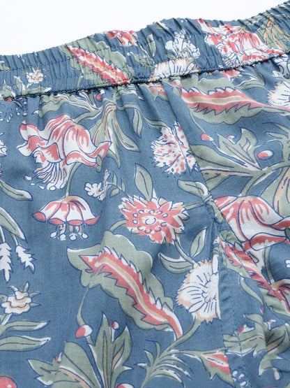 Women's Blue Printed Cotton Nightwear