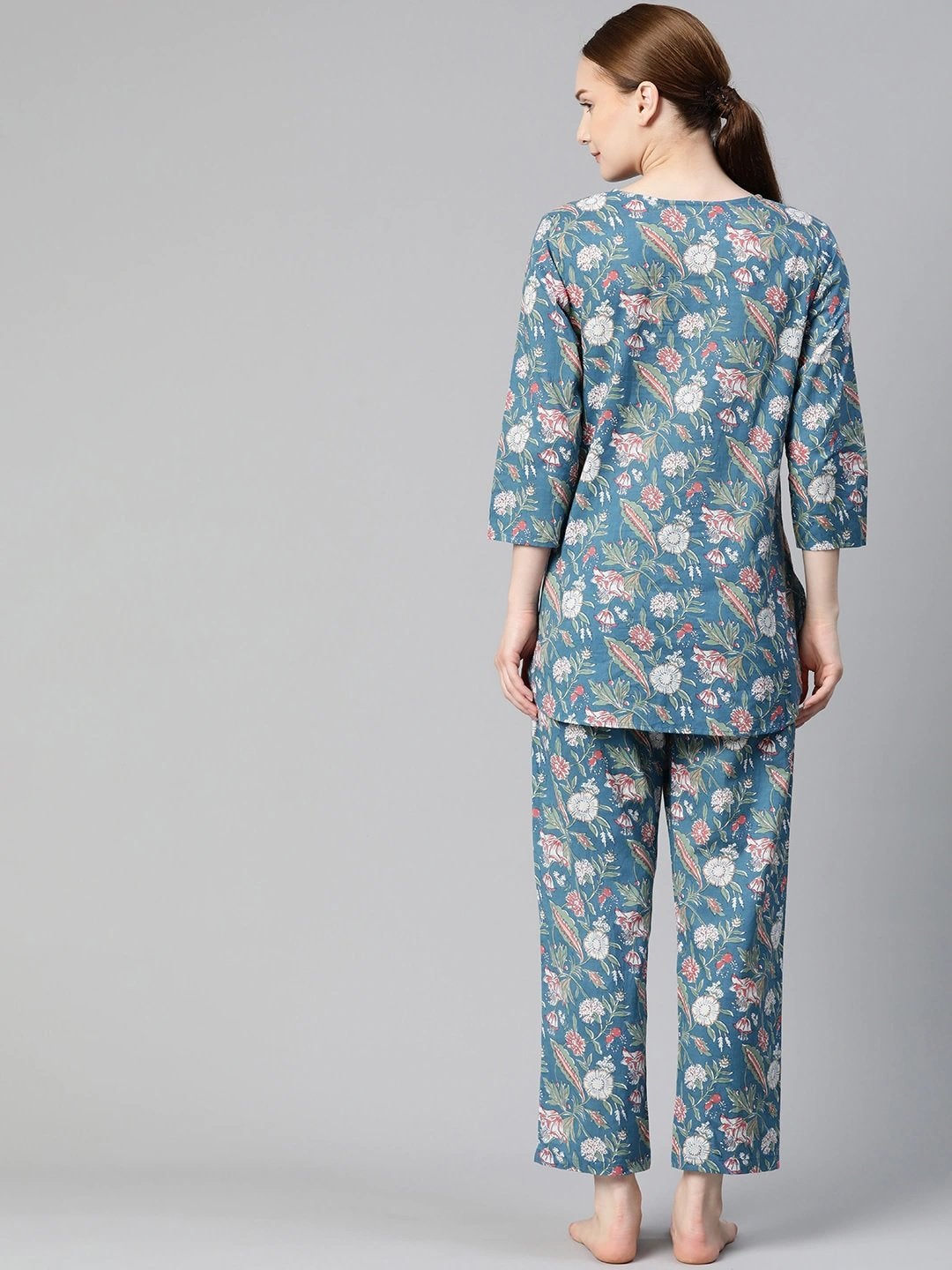 Women's Blue Printed Cotton Nightwear