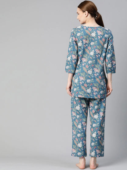 Women's Blue Printed Cotton Nightwear