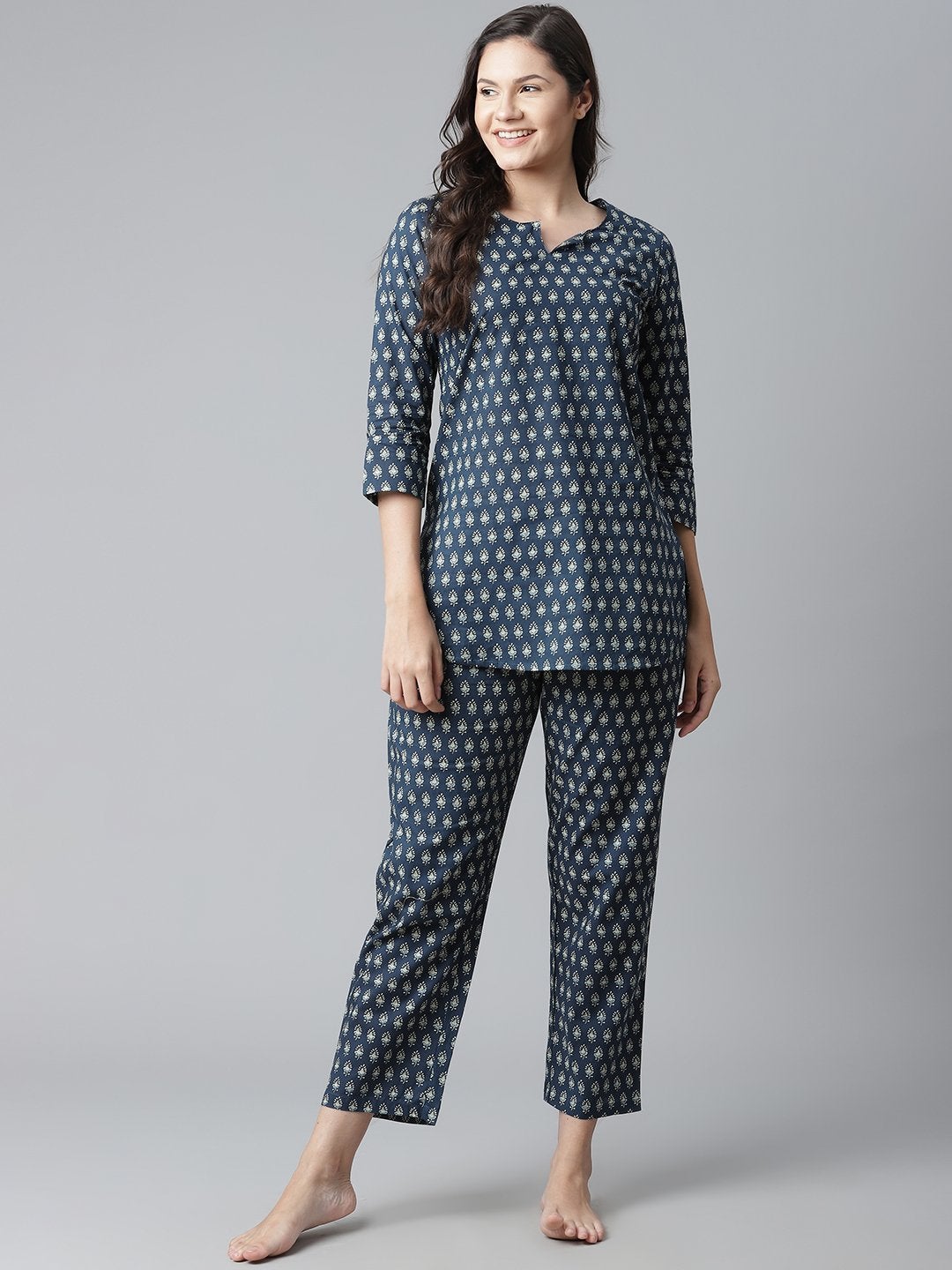 Women's Dark Blue Buti Print Cotton Nightwear