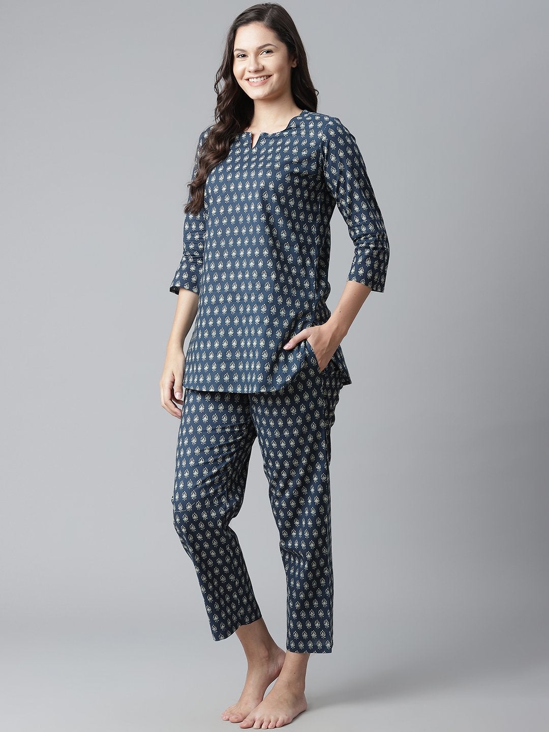 Women's Dark Blue Buti Print Cotton Nightwear