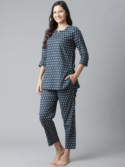 Women's Dark Blue Buti Print Cotton Nightwear