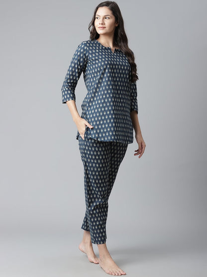 Women's Dark Blue Buti Print Cotton Nightwear