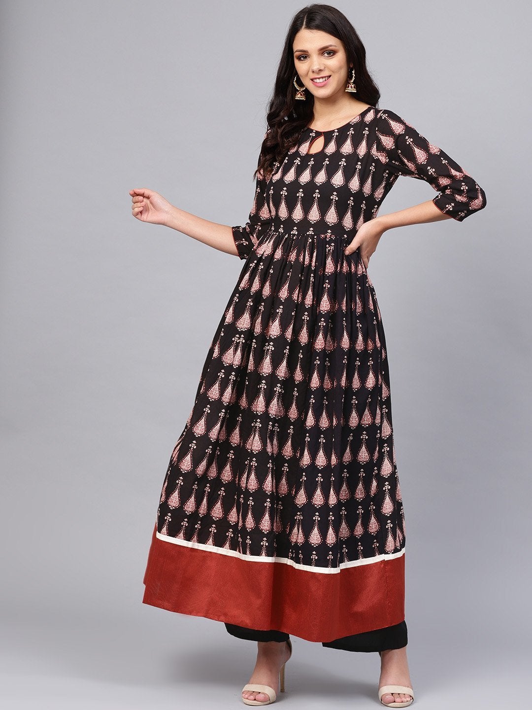 Women's Black Printed Cotton Floor Lenth Anarkali