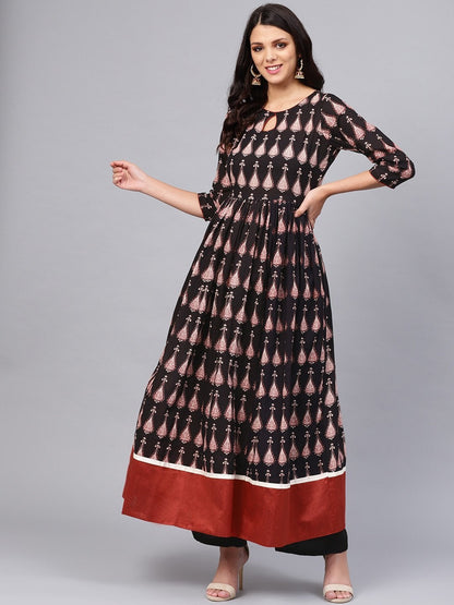 Women's Black Printed Cotton Floor Lenth Anarkali