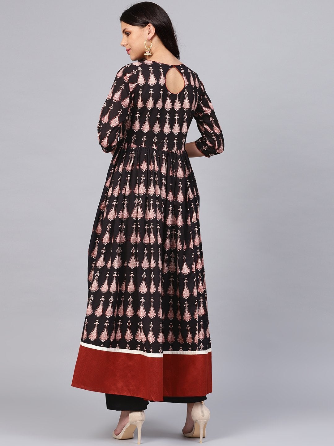 Women's Black Printed Cotton Floor Lenth Anarkali