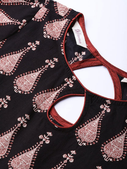 Women's Black Printed Cotton Floor Lenth Anarkali