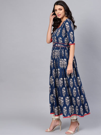 Women's Royal Blue Printed Floor Length Anarkali